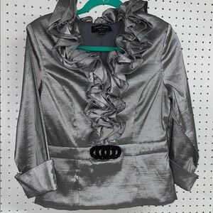 Danny Couture Silver Ruffled shirt w waist embellishments.  Formal. Size Large